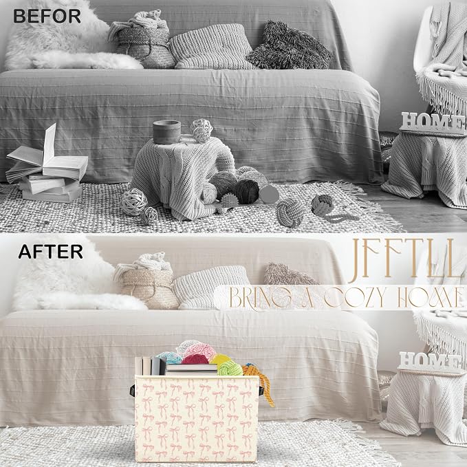Coquette Pink Bow Storage Bins with Handles, Coquette Room Decor, Preppy Girly Aesthetic Collapsible Laundry Basket Storage Box for Home Bedroom Bathroom Clothes Toys Books