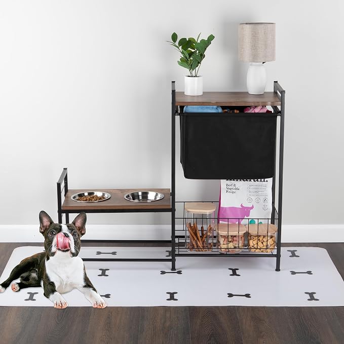 Elevated Dog Bowls with Storage - Elevated Dog Bowl Stand with 3 Adjustable Heights, Toy Bin Basket, and 2 Stainless Steel Bowls - Pet Feeding Station for Small to Large Breeds by PETMAKER (Black)