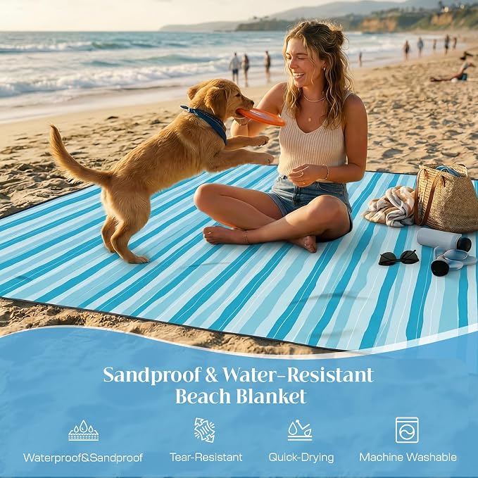 OIGAE Beach Blanket Waterproof Sandproof Oversized Beach Mat | Picnic Mat with Stakes, Storage Bag - Essentials for Outdoor Beach, Picnic,Quick-Dry Lightweight,Windproof Pockets