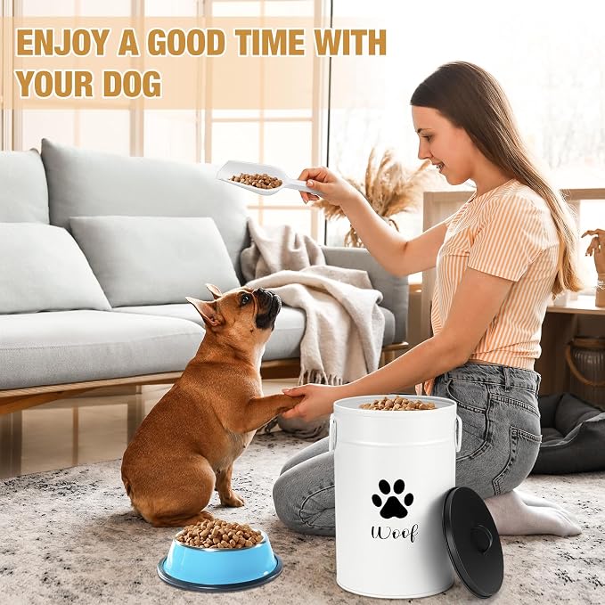DoubleFill Extra Large 30+14 lb Metal Dog Food Storage Containers, White | Airtight Dog Treat Snack Jars with Lids and Spoon, Farmhouse Style Big Pet Cookie Storage Bin for Kitchen Counter, Set of 2