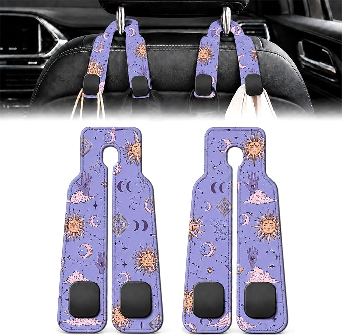 2 Pack Celestial Sun Moon Car Headrest Hooks for Purse Seat Hanger | Celestial Boho Car Accessories Metal Hook,Astrology Gifts for Women,PU Leather Double Hook for Backseat Organizer