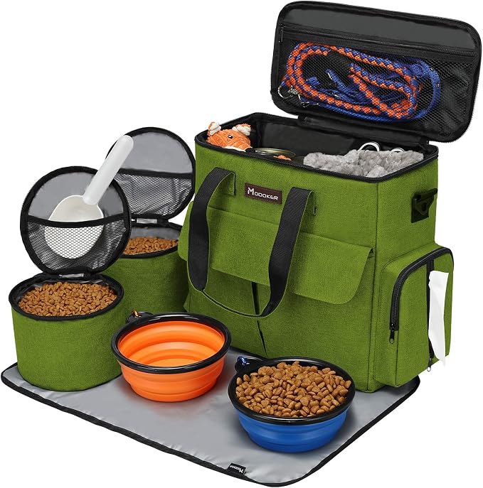 Modoker Weekend Dog Travel Bag Set with 2 Food Bags, 2 Bowls and Mat,Green | Dog Travel Accessories Organizer for Camping and Road Trips with Roomy Storage, Multiple Pockets and Water-Resistant Oxford