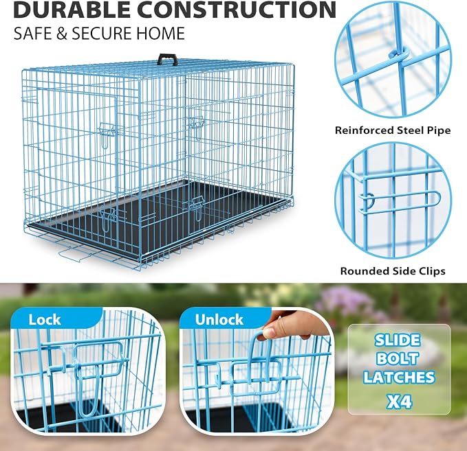 BestPet | Dog Crate | 42" | Blue | Foldable Metal Kennel with Double Doors, Secure Slide-Bolt Latches, Leakproof Tray | Portable Dog Cage for Large Breeds | for Travel, Indoor & Outdoor Use
