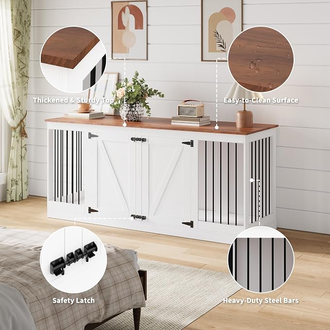 Garvee 70.8" Double Dog Crate Furniture, Farmhouse Dog Crate TV Stand | Heavy Duty Wooden Dog Kennel with Removable Divider & 2 Lockable Doors, Easy Assembly