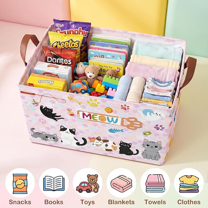 Cat Paw Toy Storage Basket,Square Toy Bin,Storage Bin for Pet Room Decor | Collapsible Nursery Storage Bin with Sturdy Handles for Clothes, Toys, Pillows, Living Room Bedroom Bathroom