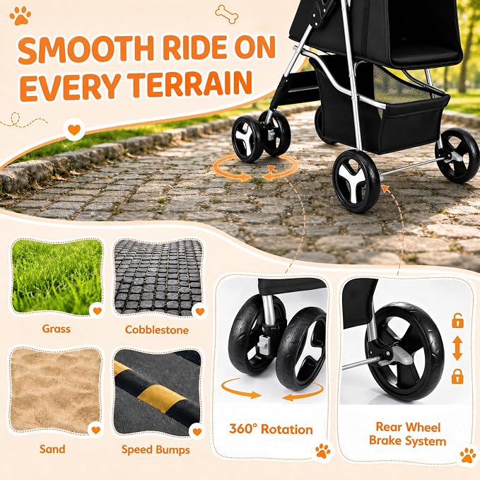 ZENY Foldable Pet Stroller, Cat/Dog Stroller with 4 Wheels | Pet Travel Carrier Strolling Cart with Storage Basket, Cup Holder, Black