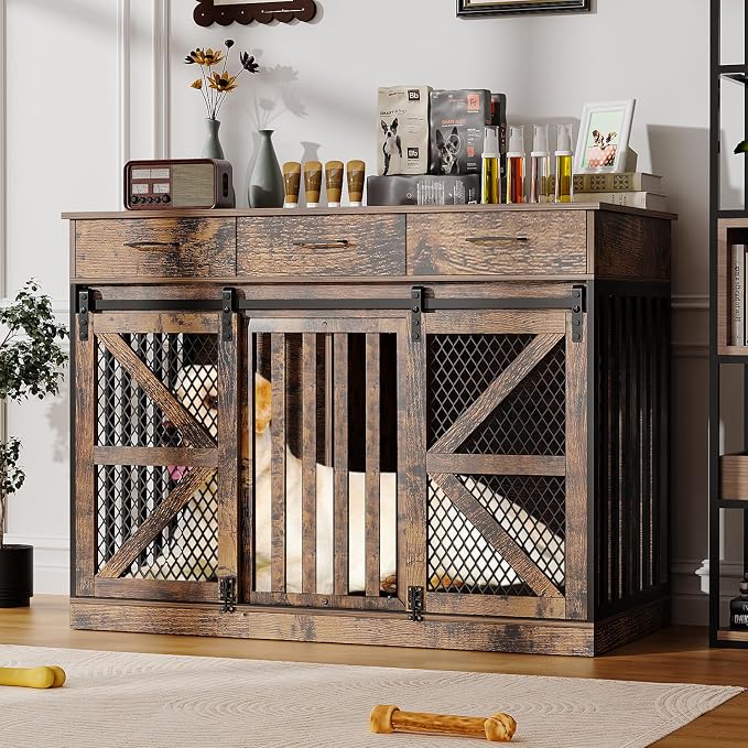 Spacesea Large Dog Crate Furniture with Sliding Barn Door, 48" Wooden Dog Kennel Indoor End Side Table for Home Decor, Removable Divider, 3 Drawers, Furniture Style Dog Crate TV Stand