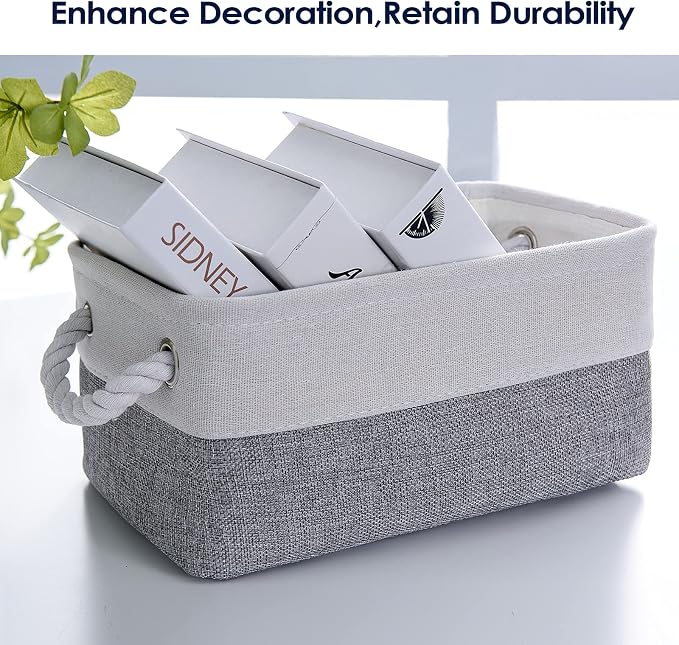 Small Storage Baskets for Organizing,Storage Baskets for Shelves,Small Fabric Storage Bins W/Handles For Closet Nursery Toy Decorative Foldable (White&Grey, 11.8L*7.9W*5.2H-6 Pack)