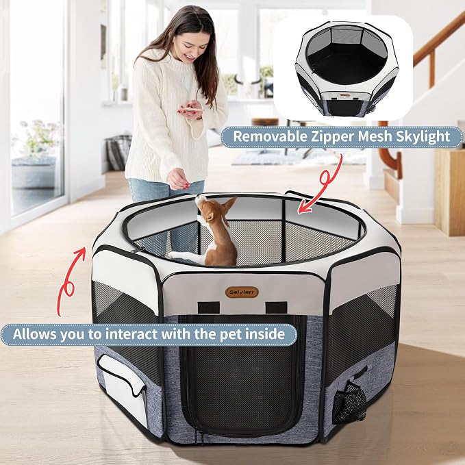 Seiyierr Dog Playpen, Portable Pet Play Pen Foldable Carrying Case, Puppy Pens Outsid for Small Cat Indoor/Outdoor, Removable Mesh Shade Cover