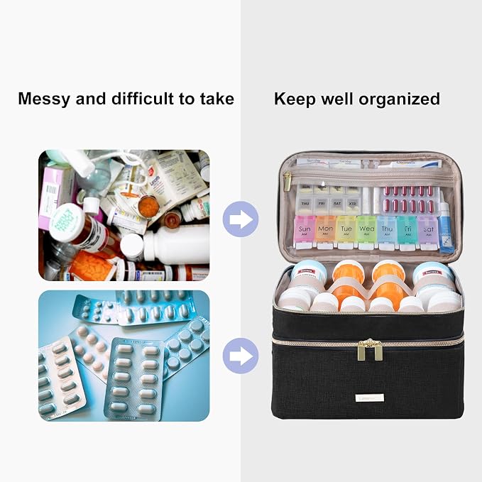 Lexeeco Travel Medicine Pill Bottle Organizer Bag with Portable Small Pouch | Medication Case with Lockable Zipper for Pill,Vitamin,Medicine Storage Box for College Dorm Student,Home,First Aid Bag Empty