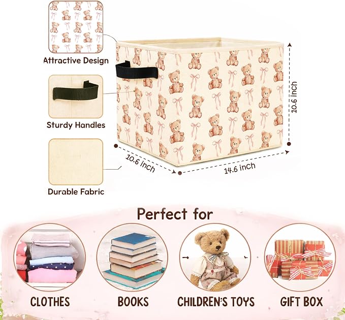 Pink Bow Teddy Bear Foldable Fabric Storage Bin | Pink bow teddy bear design; foldable fabric storage bin for girls room, nursery, playroom, toys, books, or clothes.