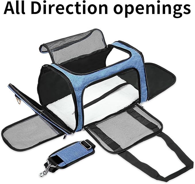 Soft-Sided Cat/Dog/Pet Carrier, Collapsible Pets Travel Carriers | for Big Cats/Small Dogs with Shoulder Strap & Removable Mat, Mesh Puppy Carry Bag, Up to 16 Lbs, TSA Airline Approved(Blue)