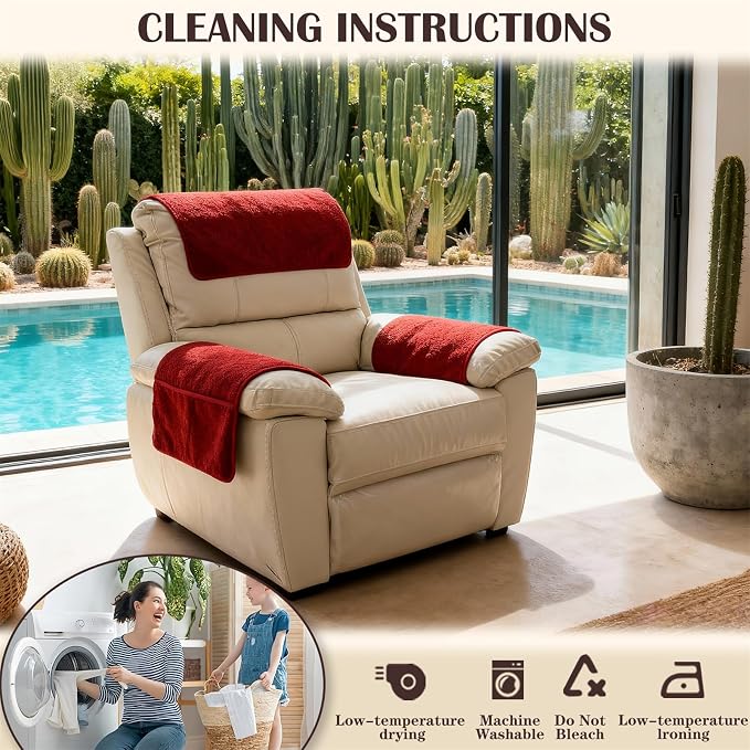 Sherpa Fleece Armrest and Headrest Covers with 2 Pockets | Soft fleece with nonslip silicone backing helps protect leather and fabric furniture from pet scratches machine washable