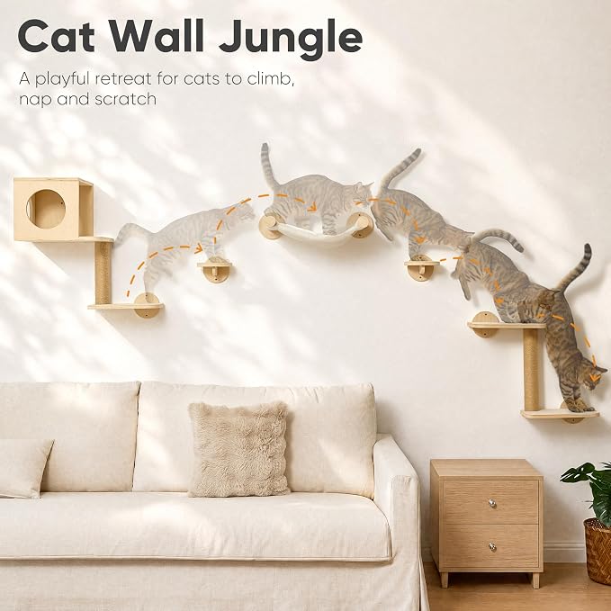 FUKUMARU Cat Wall Shelves, 5 in 1 Set, Beige | Stable Wooden Wall-Mounted Furniture Set, Kitty Climber with Hammock, House, Steps, Scratching Post