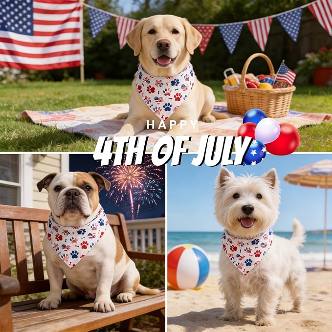 American Flag Dog Bandana,Patriotic Star-Spangled Paw Print Triangle Scarf,Adjustable Snap Button Pet Bib with American Flag Design,Small & Medium Breeds (5-30lbs)