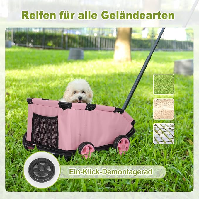 Mini Dog Strollers for Mini Pets, Foldable Multifunctional Shopping Carts with Extendable Pull Handle, Doggie Wagon Built-in Cushion and Safety Rope with Storage Bag (Pink)