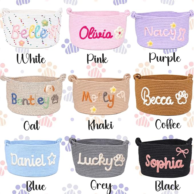 Personalized Dog Cat Toy Basket w/ Embroidery Name, Puppy Storage Bins | Customized Kitten Cute Handmade Cotton Rope Organizer for Snacks, Pet Supplies, Easter Birthday Gifts Basket for Pets