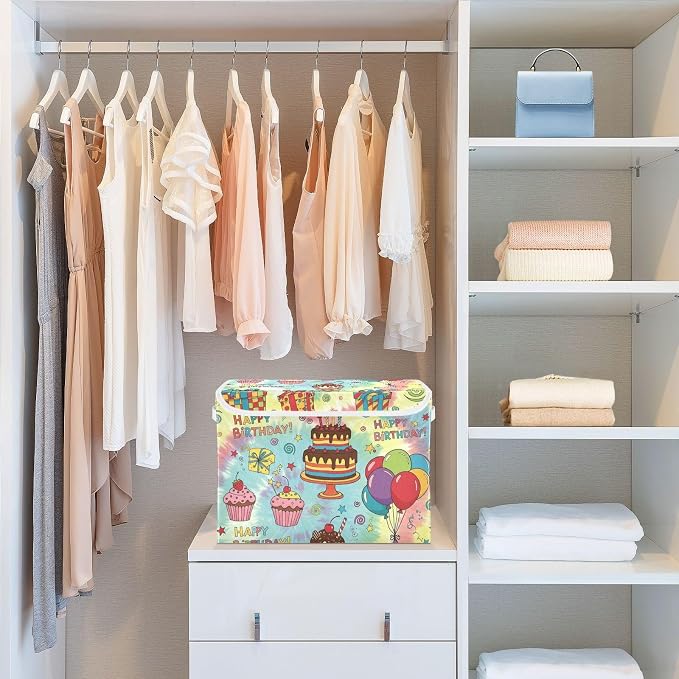 Fabric Storage Bins with Lid Birthday Cake Closet Storage Basket 40L | Decorative Storage Boxes, Foldable & Stackable, Dust-Proof Flip Top, Reinforced Handles, For Home & Dorm, Clothes & Toy Box