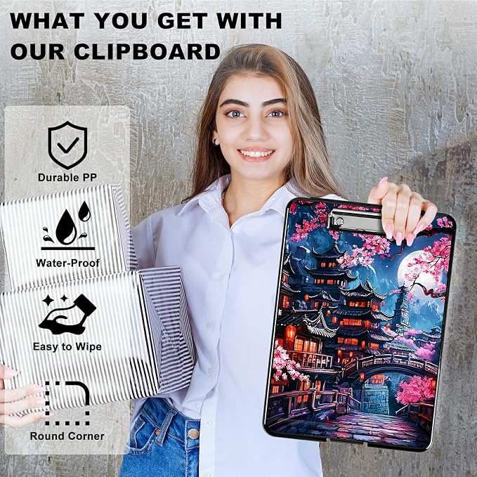 Cherry Blossom House A4 Clipboard with Storage Pen Holder, Clipboards Organizer Nursing Clipboard Foldable File Folder Plastic Clipboard Folio Clip Board for Office Students Classroom