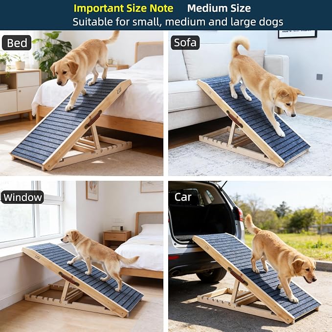 ZJSF Wooden Dog Ramp for High Bed & Couch, 40" L x 16.5" W Dog Stairs for Bed with 5 Adjustable Heights (13"-23.5"), Non-Slip Walking Surface, Portable Pet Ramp for Sofa, Car, Supports Up to 150 lbs