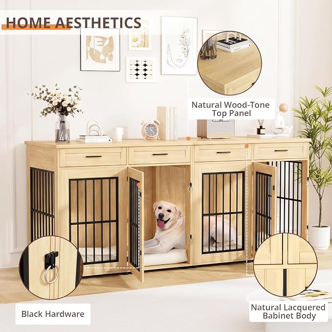 VOWNER 87"Dog Crate Furniture for 2 Dogs, Double Dog Cage Furniture,Natural | Extra Large Wooden Dog Kennel with 4 Drawer, Removable Divider, Furniture-Style TV Stand, XXL Dog Crate for Large Medium Dogs