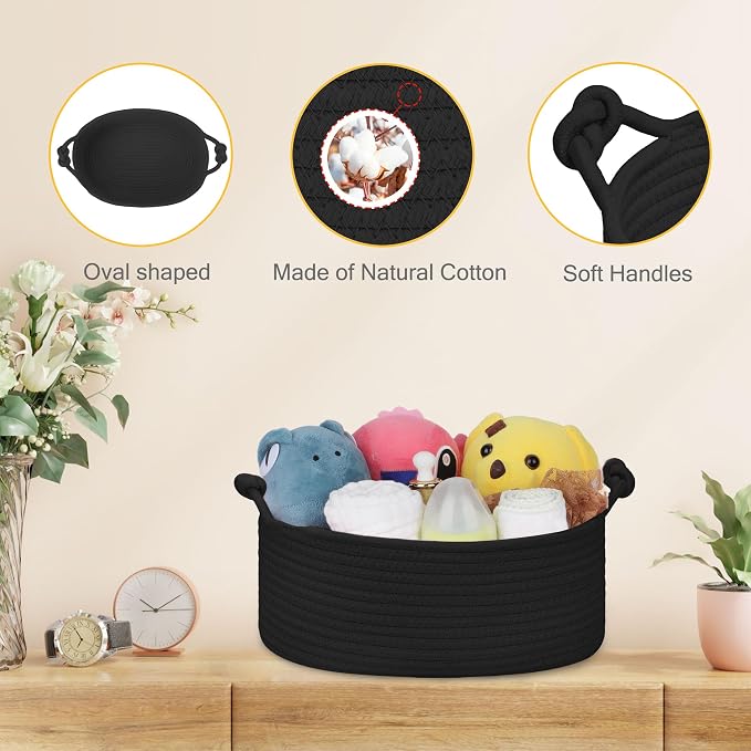 Small Empty Gift Basket with Bag & Ribbons, Black | 12“x8”x5”, Cotton Rope Woven Basket for Birthdays, Baby Showers, Mother's Day, Christmas; Stores Small Items, Kids & Pet Toys