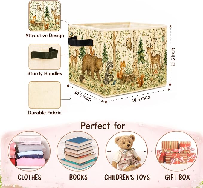 Woodland Animals Storage Bin, Foldable Fabric Organizer | Watercolor woodland animal storage bin for toys, books, clothes, blankets, nursery supplies, playrooms, shelves, and closets.