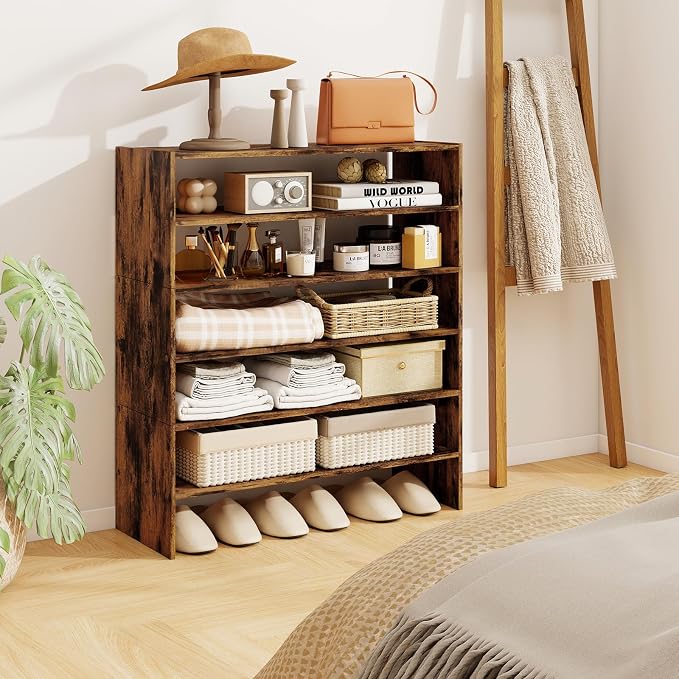 COSTWAY 6-Tier Shoe Rack, Extra Wide Shoe Shelf Organizer | Stackable Design, 31" Freestanding Adjustable Storage Shoe Stand for Small Space Entryway Hallway Closet (1,Rustic Brown)