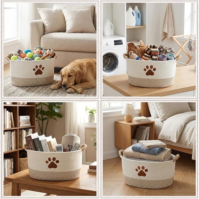 Dog Woven Toy Basket 14.6 x 10.6 x 8.7 Inch Woof Pet Baskets Storage Bin Box with Durable Handles, Woven Pet Basket Puppy Bins for Organizing Toys Dog Blankets and Accessories(Paw)