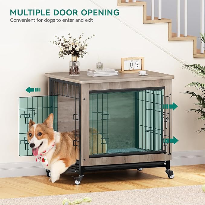 YITAHOME 27" Dog Crate Furniture with Wheels, Cushion & Tray | Dog Kennel Indoor End Table with Double Doors for Small Dog, Gray