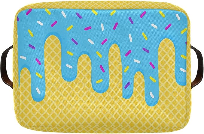 Wamika Ice Cream Drip Baseball Storage Basket with Waterproof Liner and PU Handles Blue Candy Storage Bins Boxes 14.2" Collapsible Decorative Organizer Baskets for Bedroom Closet Office 1 Pack