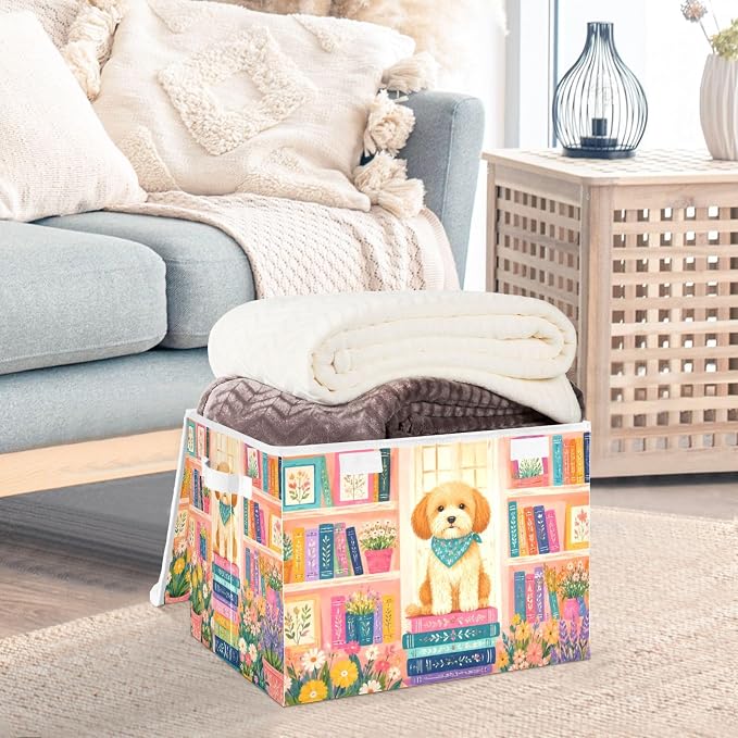 Fabric Storage Bins with Lid Cute Dog Floral Closet Storage Basket 40L | Foldable & Stackable, Flip Top Dust Guard, Reinforced Handles, Home & Bedroom, Clothes & Toys, Oxford Print Basket