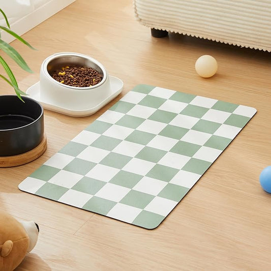 Ralxion Checkered Dog Feeding Mat, Absorbent Mats for Dog Food and Water Bowl, Dispenser, Retro Modern Aesthetic Sage Green Checkerboard Pet Placemat for Dogs, Cats, Puppy Accessories, 12" X19”