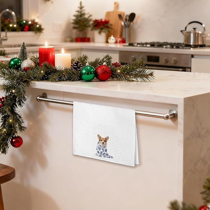 Blue Chinoiserie Corgi Kitchen Towels 16x24 in, Corgi Lovers Gifts, Grandmillennial Floral Blanket Dog Decorative Hand Tea Dish Towels for Bathroom Kitchen