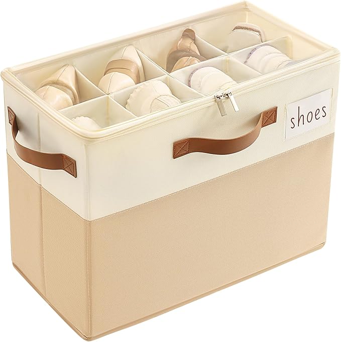 Varhomax Shoe Organizer Box for Closet, Small Fabric Shoe Storage Bin with Adjustable Dividers & Clear Cover, Saving Space Sneakers & Sandals Containers for Entryway, Cubby