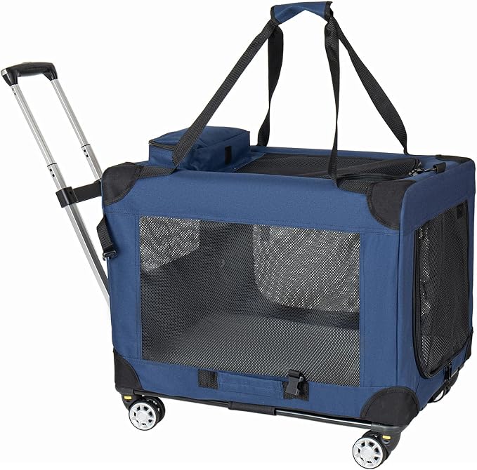 28" Pet Carrier with Wheels, 50 lb Soft Sided Foldable Dog Crate, 3 Mesh Doors, Detachable Wheels, Dark Blue Travel Kennel for Vet Visits and Medium Large Dogs