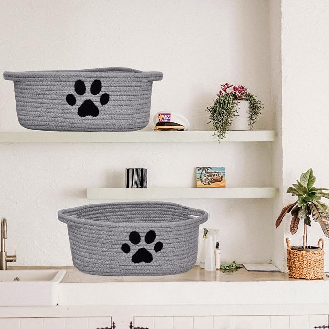 ABenkle Small Woven Basket with Handle, Cute Dog Paw Baskets for Gifts Empty, Decorative Rope Woven Storage Dog Toy Basket, Nursery Baskets for Baby Shower, 12" x 8" x 5"
