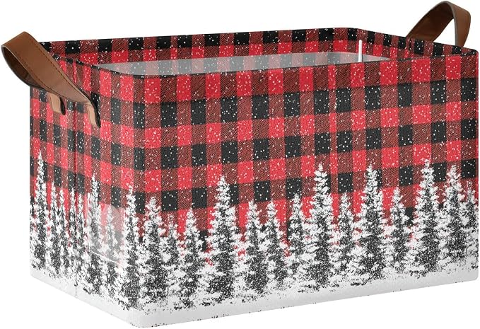 Xmas Tree Red and Black Buffalo Plaid Storage Basket Foldable Cube Storage Bins with Handles&Label Waterproof Organizer Box Bin Large Rectangle Decorative Baskets for Shelves Home Room Laundry