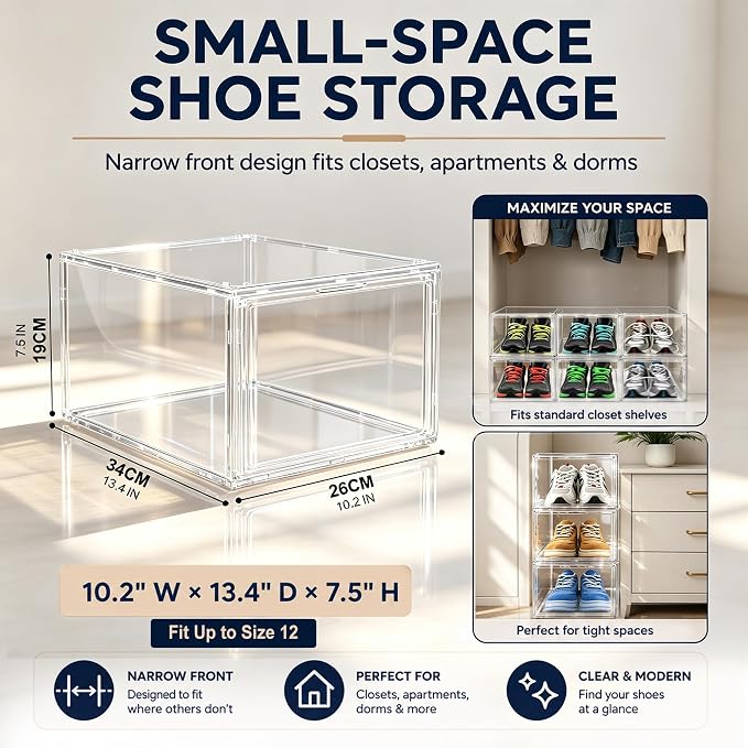 12 Pack Clear Acrylic Shoe Boxes Fit Size 12, Front Door for Small Closets | 10.2 x 13.4 x 7.5 in stackable shoe display case for apartments, dorms, entryways and compact closets. Fits up to US size 12