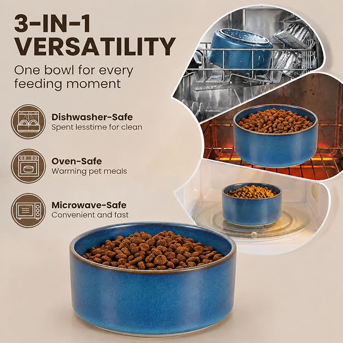 hjn Elevated Ceramic Dog Bowl with Bamboo Stand, Raised Pet Feeding Station for Small Medium Dogs Cats, Modern Design with Anti-Slip Base (Deep Blue, 3.6Cup)