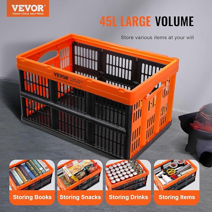 VEVOR 45L Plastic Collapsible Storage Basket 3 Packs, Folding Storage Crate | For Clothes, Toys, Books, Snack and Grocery Organizing, Folding Stackable Storage Containers/Bins with Handles, PP Material
