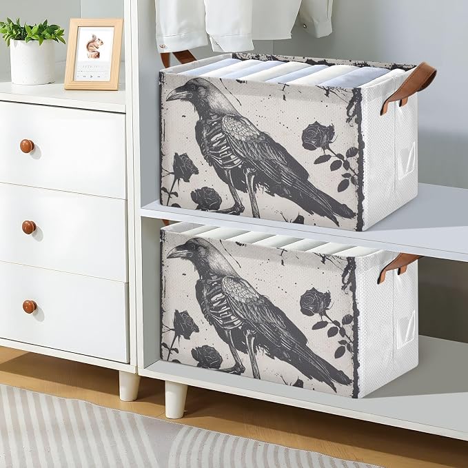 Gothic Skeleton Crow Roses Storage Bins for Shelves with Labels&Handles Fabric Organizer Bin Foldable Rectangle Storage Basket Boxes for Closet, Bathroom, Home, Living Room