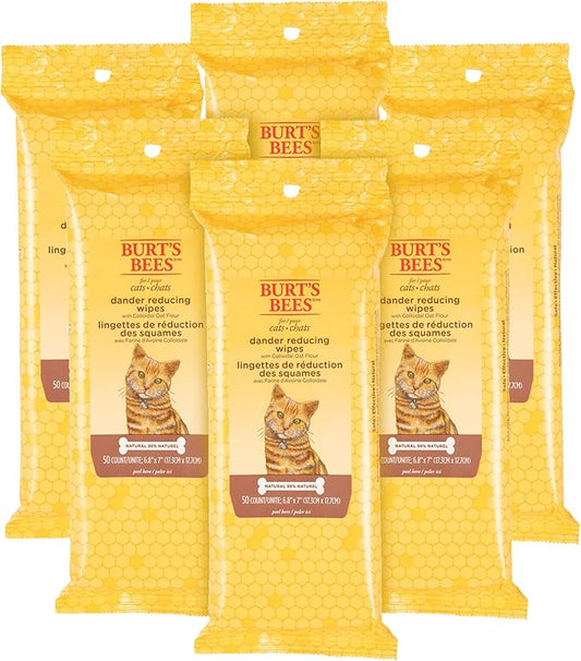 Burt's Bees for Pets Cat Dander Remover Wipes, Unscented Soft Grooming Cloths with Colloidal Oat Flour + Aloe, Helps Reduce Flaking Between Baths for Cats & Kittens, 50 Count - 6 Pack