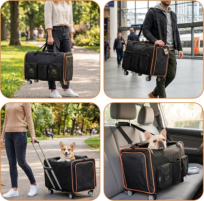 Expandable Pet Carrier with Wheels, 3-in-1 Rolling Dog and Cat Travel Crate, Padded Handle Telescoping Mesh Luggage Bag for Road Trip Vet Visits