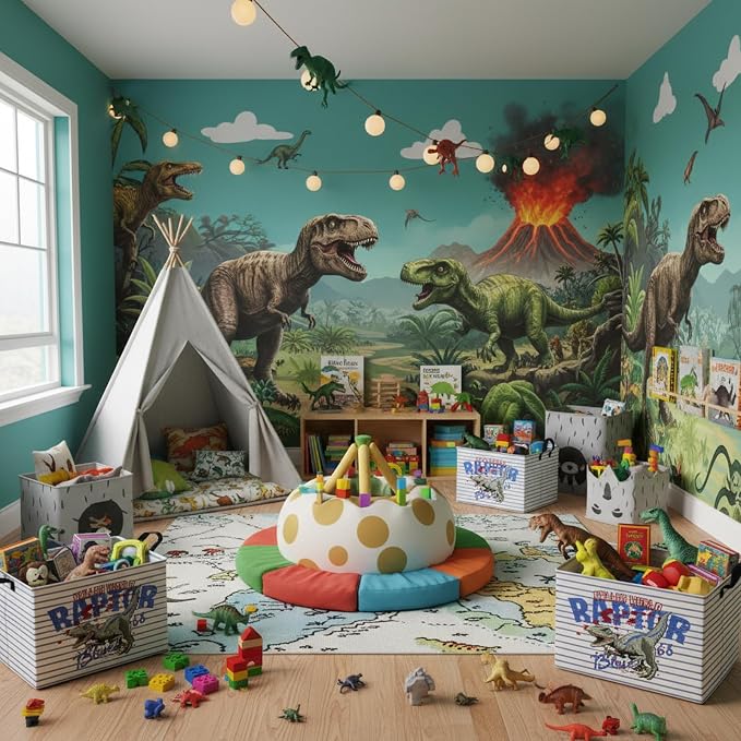Kid Dinosaur Storage Basket, Blue Striped Tyrannosaurus Rex | Rectangular, Collapsible, Room Decor, Nursery Gift Basket, Baby