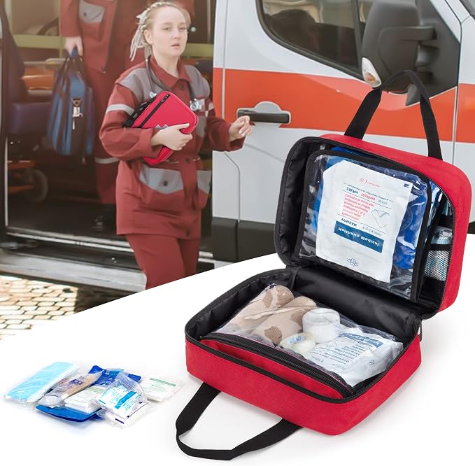 Empty First Aid Kits Case, Portable Emergency Kit Organizer, Red | Medical Bag for Emergency Supplies and Pill Bottles, Large Capacity, for Hiking, Camping, Car, Travel, Home and Outdoor