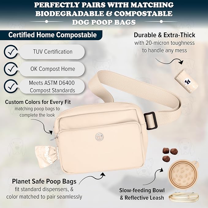 Puppington 3-in-1 Crossbody Dog Treat Pouch for Pet Training - Compostable Poop Bags, Built-In Poop Bag Dispenser, Slow-Feeding Travel Dog Bowl & Reflective Leash - Dog Walking Bag (Vanilla Cream)