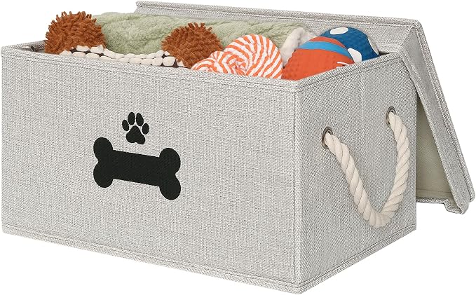 Dog Toy Basket with Lid, Dog Basket for Toys, Dogs Toy Box with Cotton Rope Handles, Collapsible Storage Bins for Pet Toys, Dogs Storage Organizer, Gray