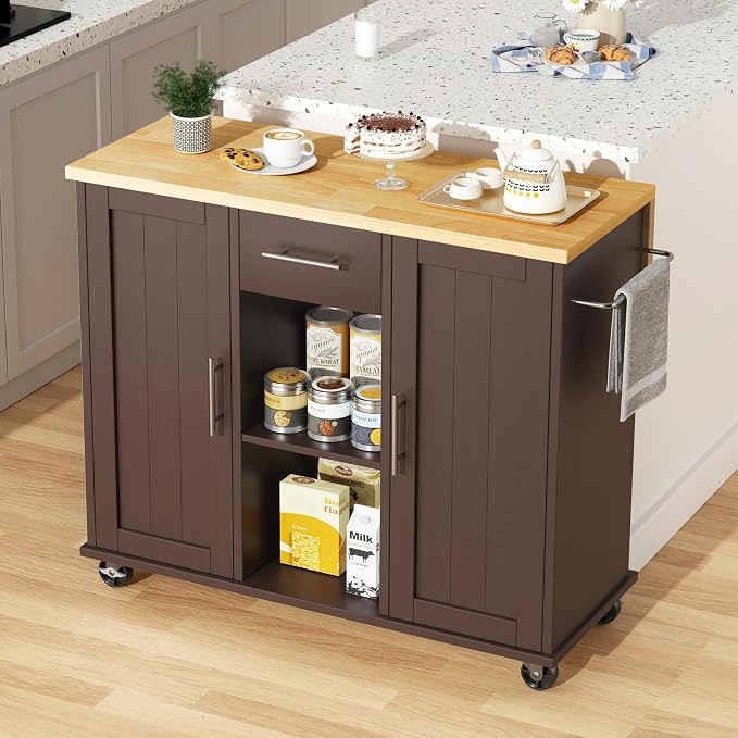 JY QAQA 42" Kitchen Island with Storage on Wheels, Rolling Table with Drop Leaf, Drawers, Cart Handle for Towel Rack or Free Movement, Brown