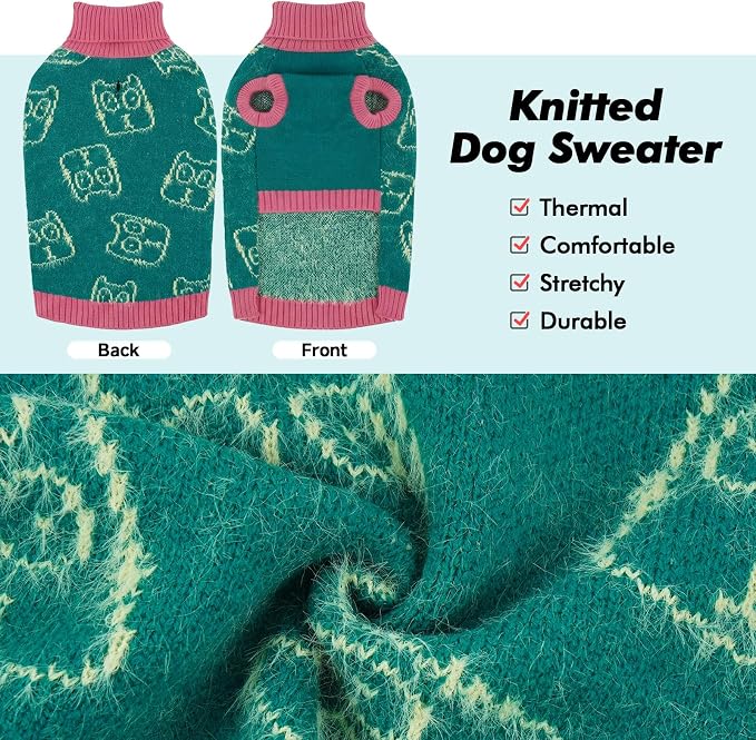IDOMIK Knitted Dog Sweaters for Large Dogs, Stretchy Dog Winter Sweater,L | Warm Green Dog Sweater with Leash Hole, Cozy Knitwear with Turtleneck, Soft Sleeveless Dog Clothes for Holiday Christmas